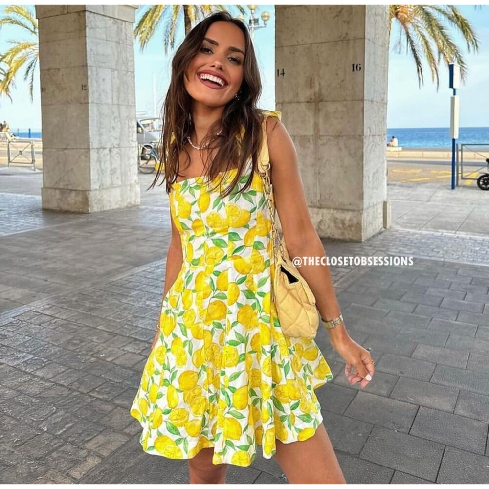ZARA Lemon Print Linen Blend Mini Dress NWT Amalfi Coast Vacation Dress M - Picture 2 of 16